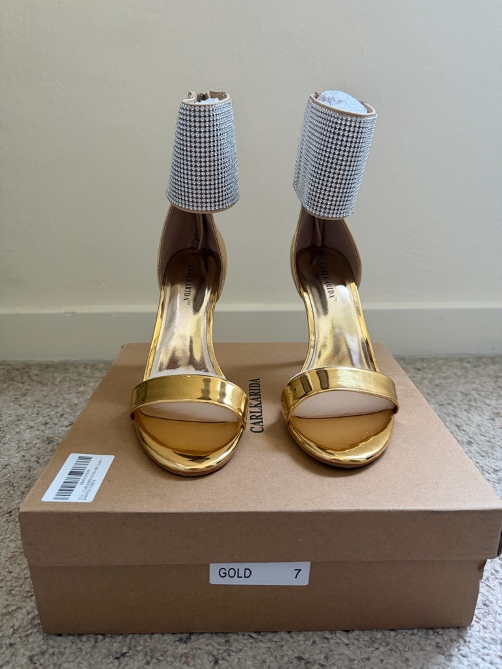 CARL KARLIDA Gold Rhinestone Ankle Strap Heels Size 7 | Metallic Stiletto